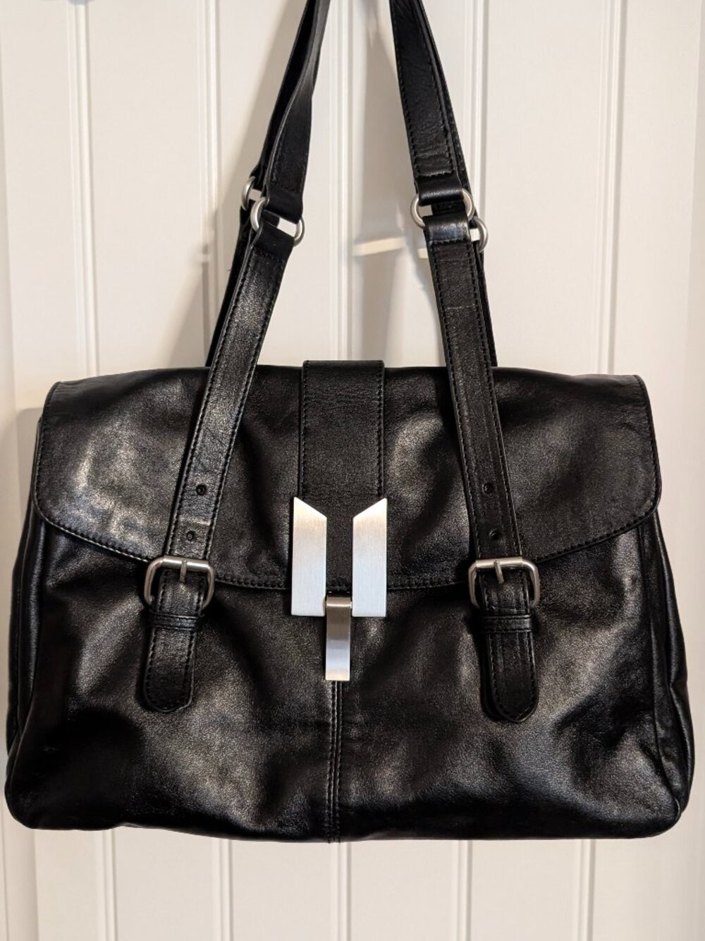 Hype Black Genuine Leather Shoulder Bag Silver Tri Compartment 3 Pocket Purse